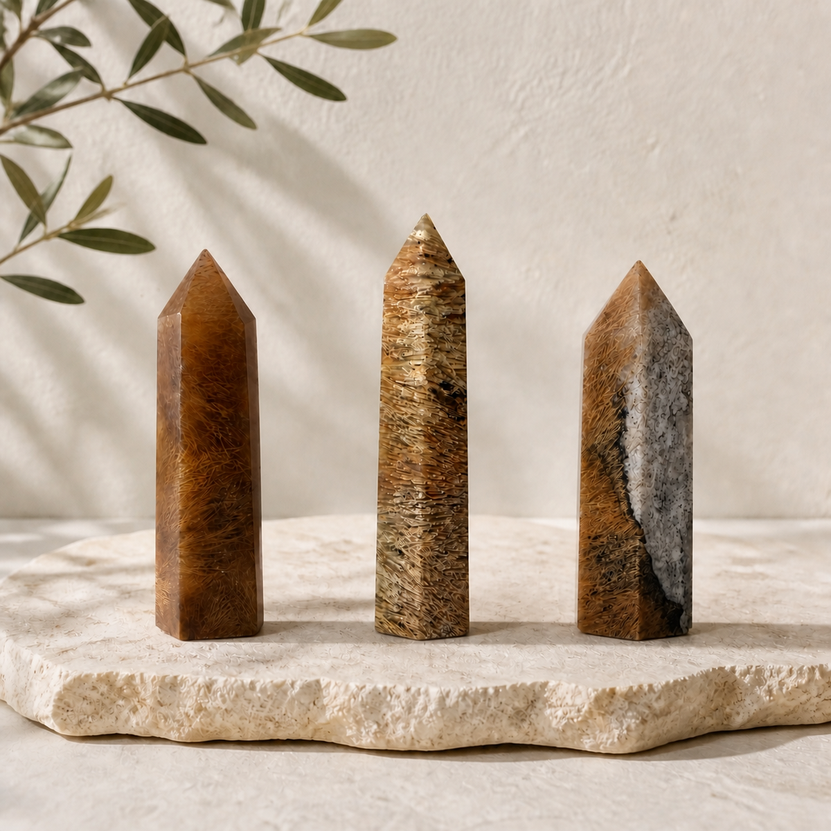 Three Rutilated Agate towers displayed upright on a cream stone slab