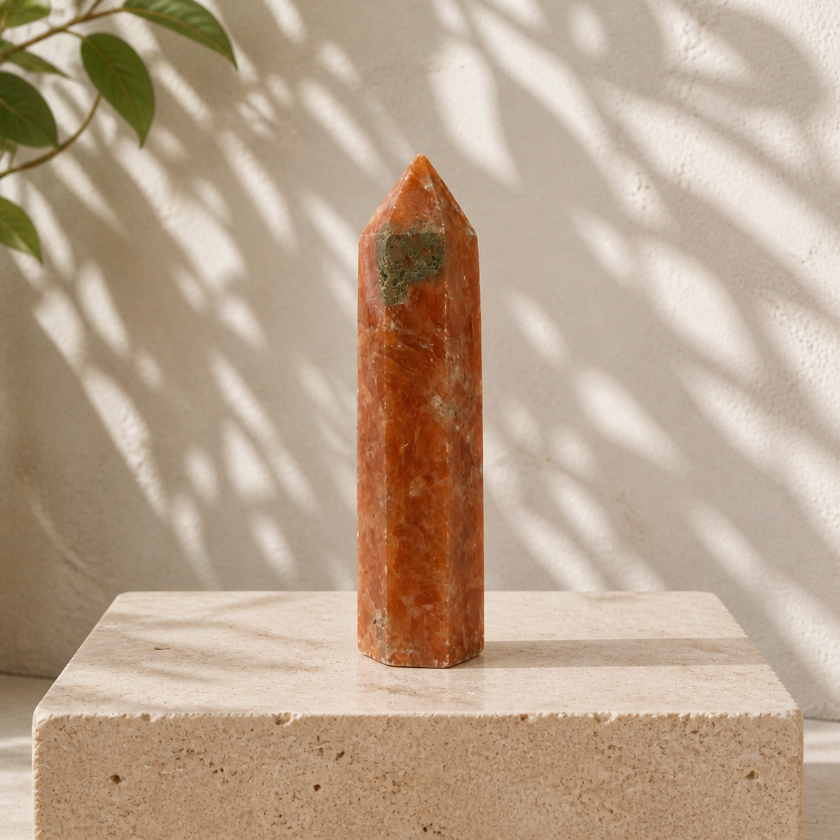 Polished Sunstone tower SJ with a distinctive dark mineral inclusion