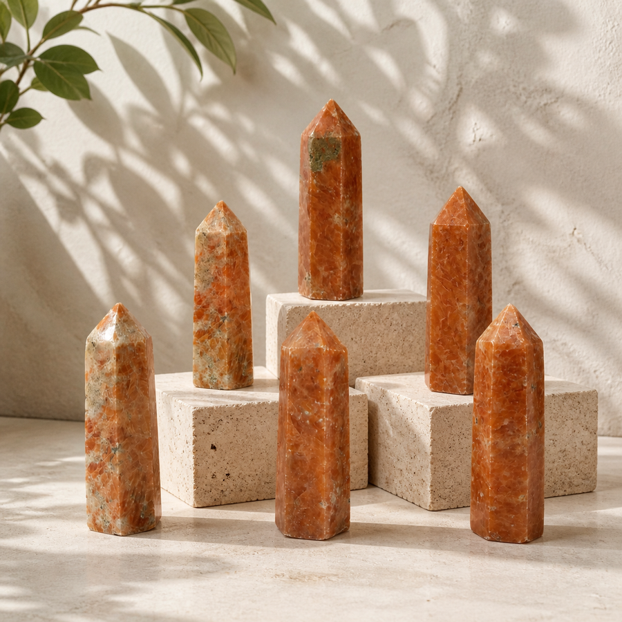 Six polished Sunstone crystal towers displayed on cream stone blocks