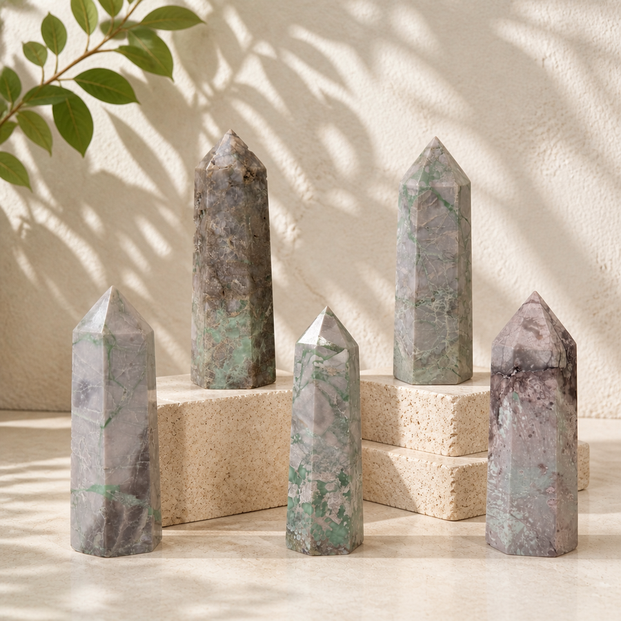 Variscite Malachite crystal point towers in natural light