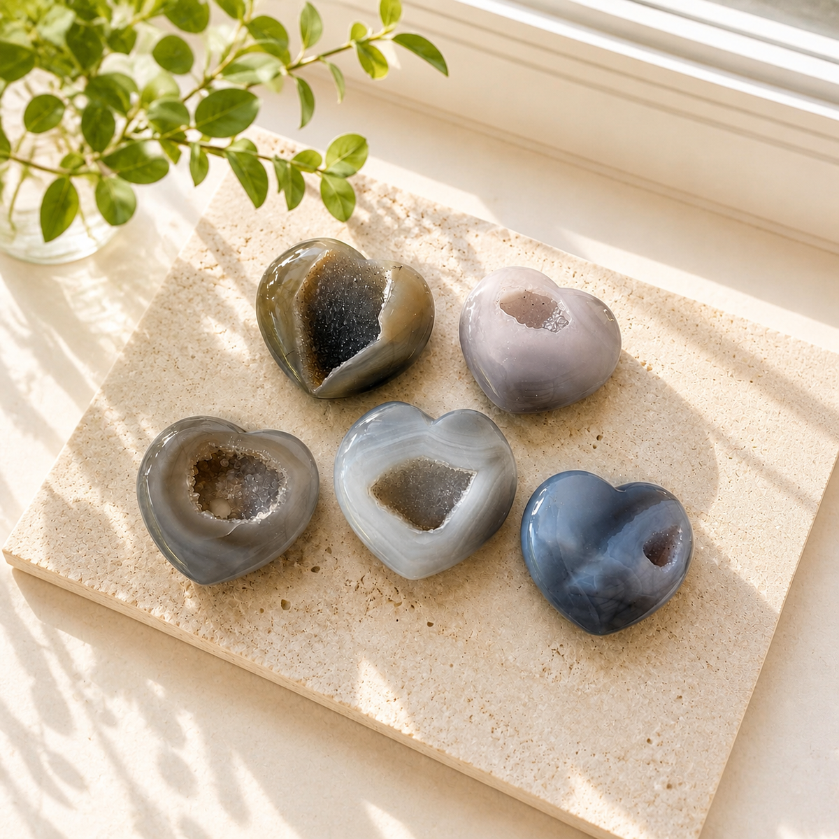 Five Druzy Agate heart carvings in grey, lavender and smoky tones