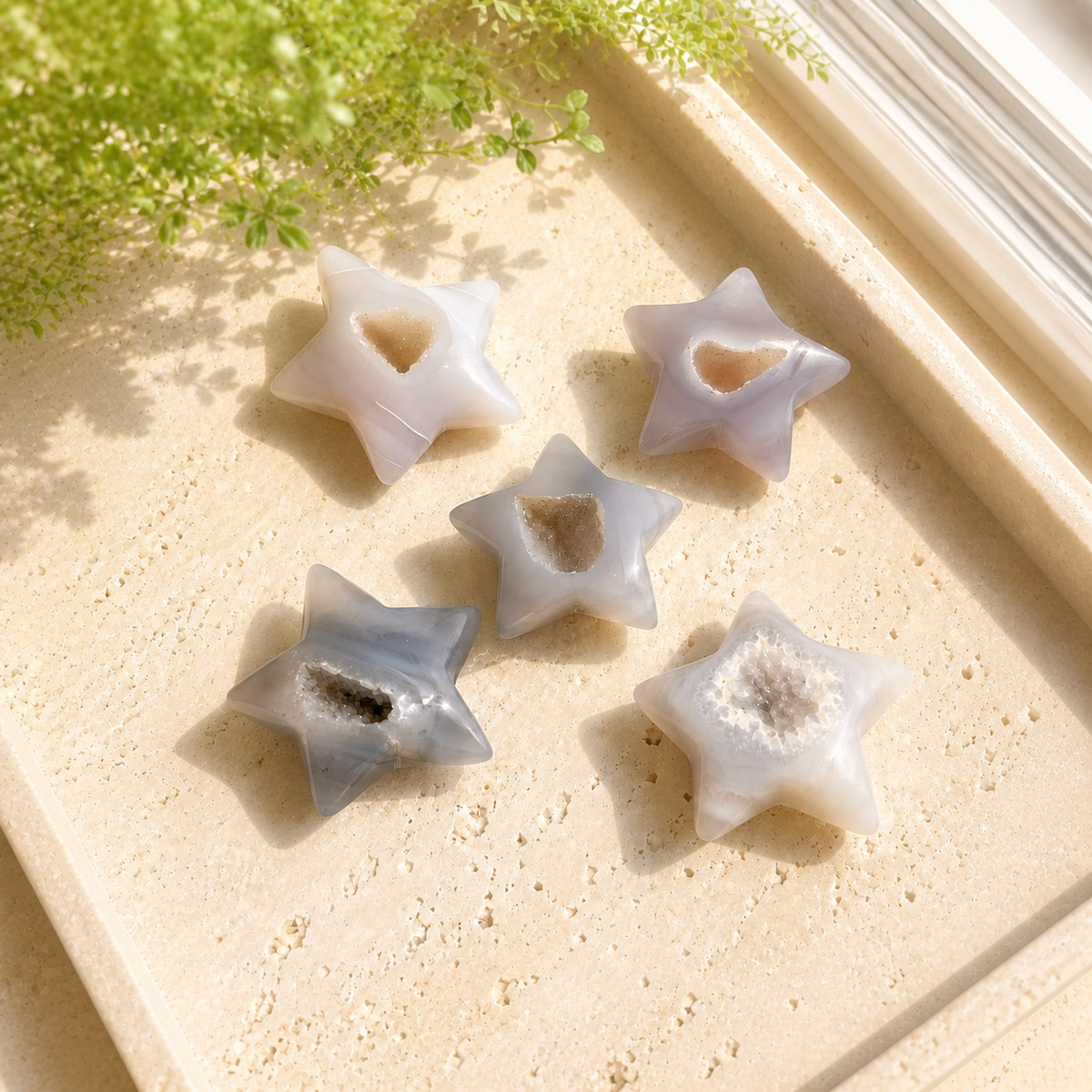 Five Druzy Agate star carvings with sparkling crystal centres