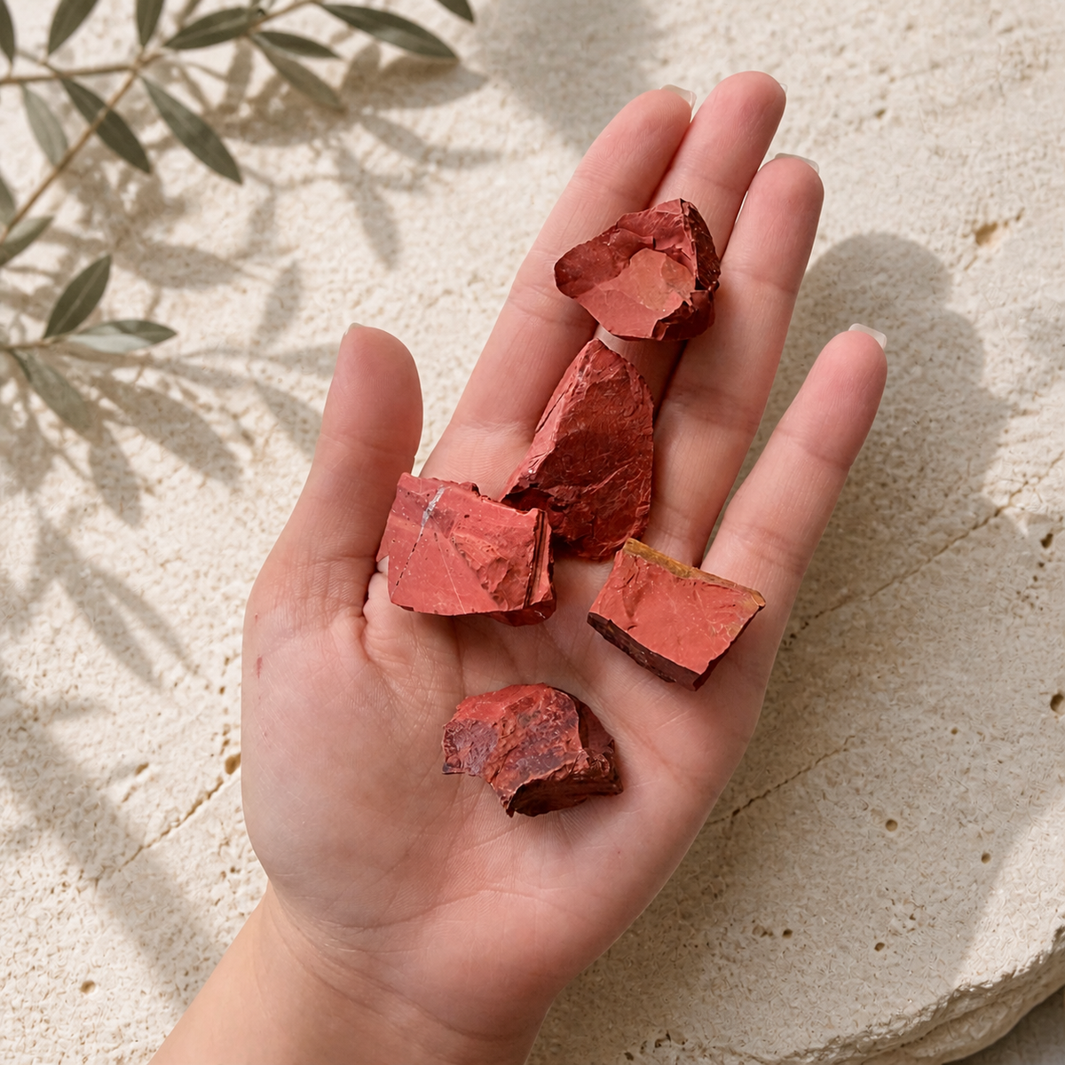 Raw Red Jasper stones held in hand to show approximate size and scale