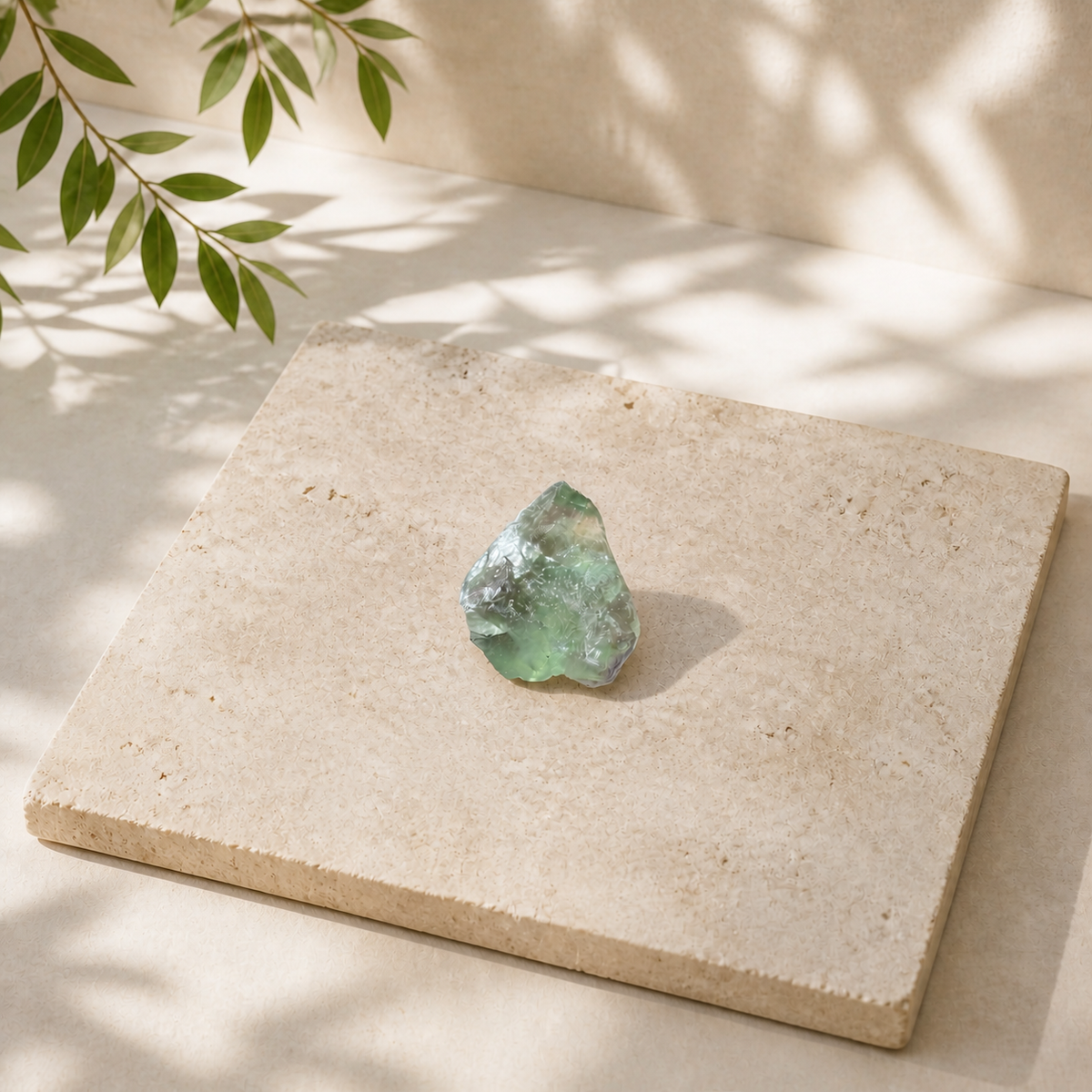 Single raw Green Fluorite crystal on a pale stone slab