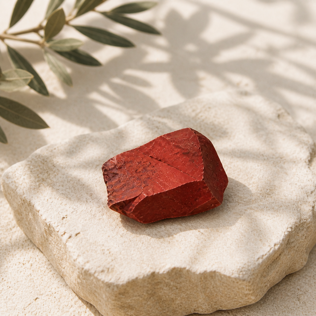 Single raw Red Jasper stone displayed on a limestone slab