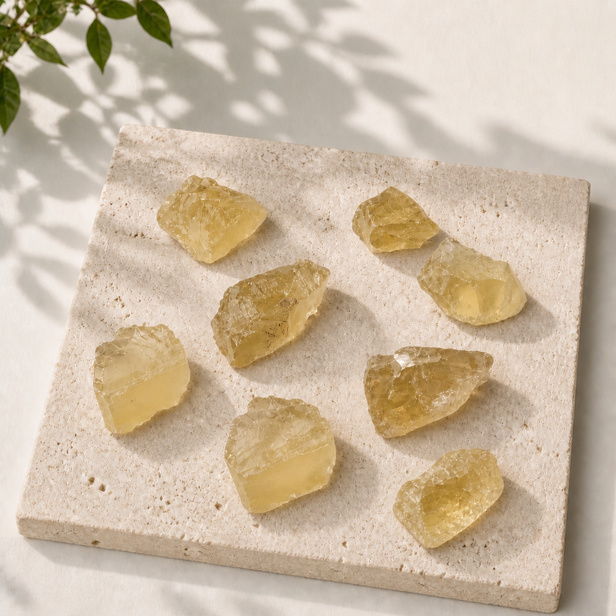 Eight raw Citrine crystal pieces arranged on a pale stone slab in natural light