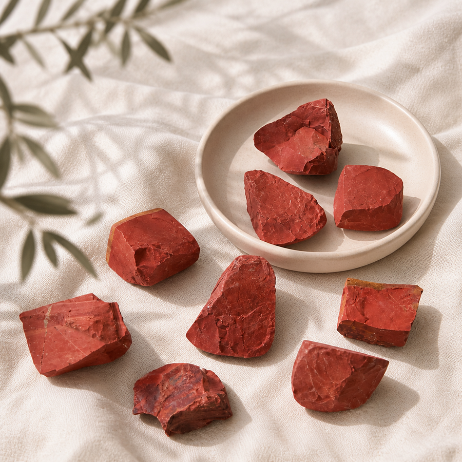 Raw Red Jasper stones arranged in natural sunlight