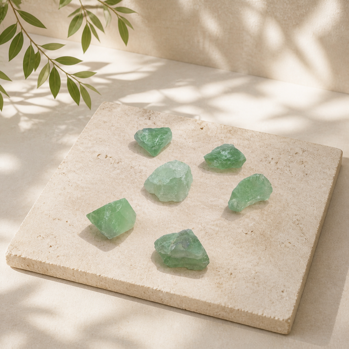 Raw Green Fluorite crystal pieces arranged on a pale stone slab