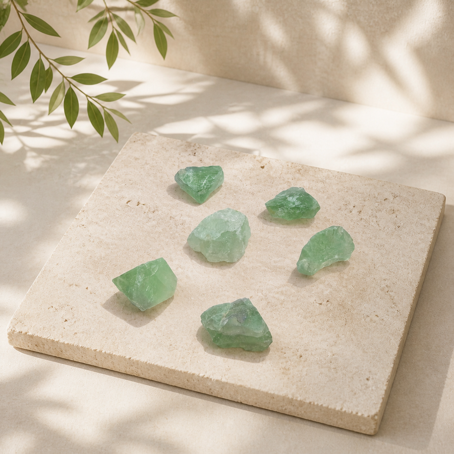 Raw Green Fluorite crystal pieces arranged on a pale stone slab