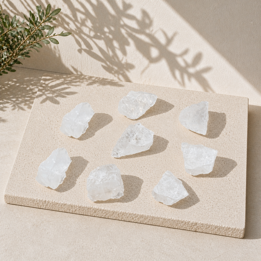 Eight raw Clear Quartz crystal pieces arranged on a pale stone slab in natural light