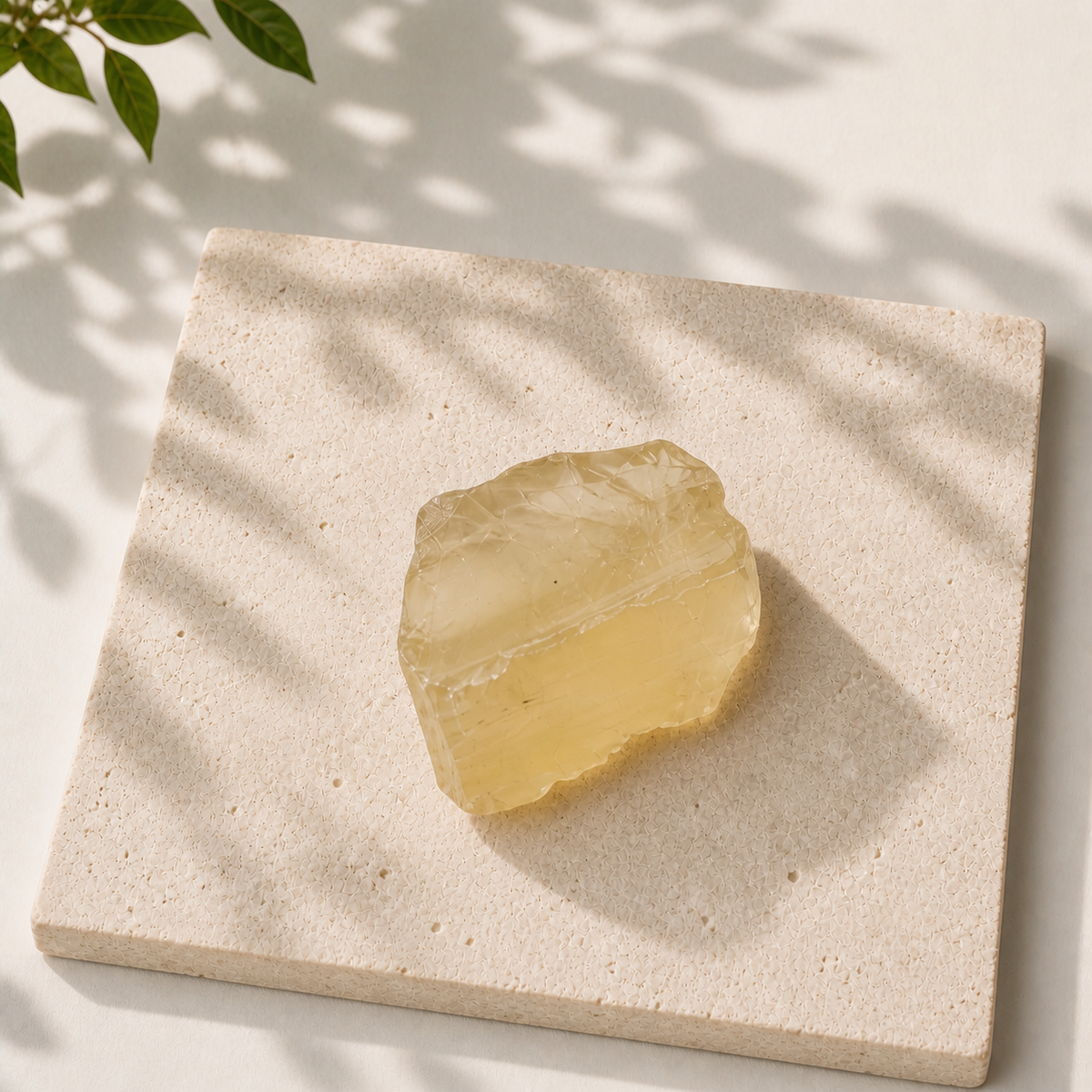 Single raw Citrine crystal displayed on a pale limestone slab