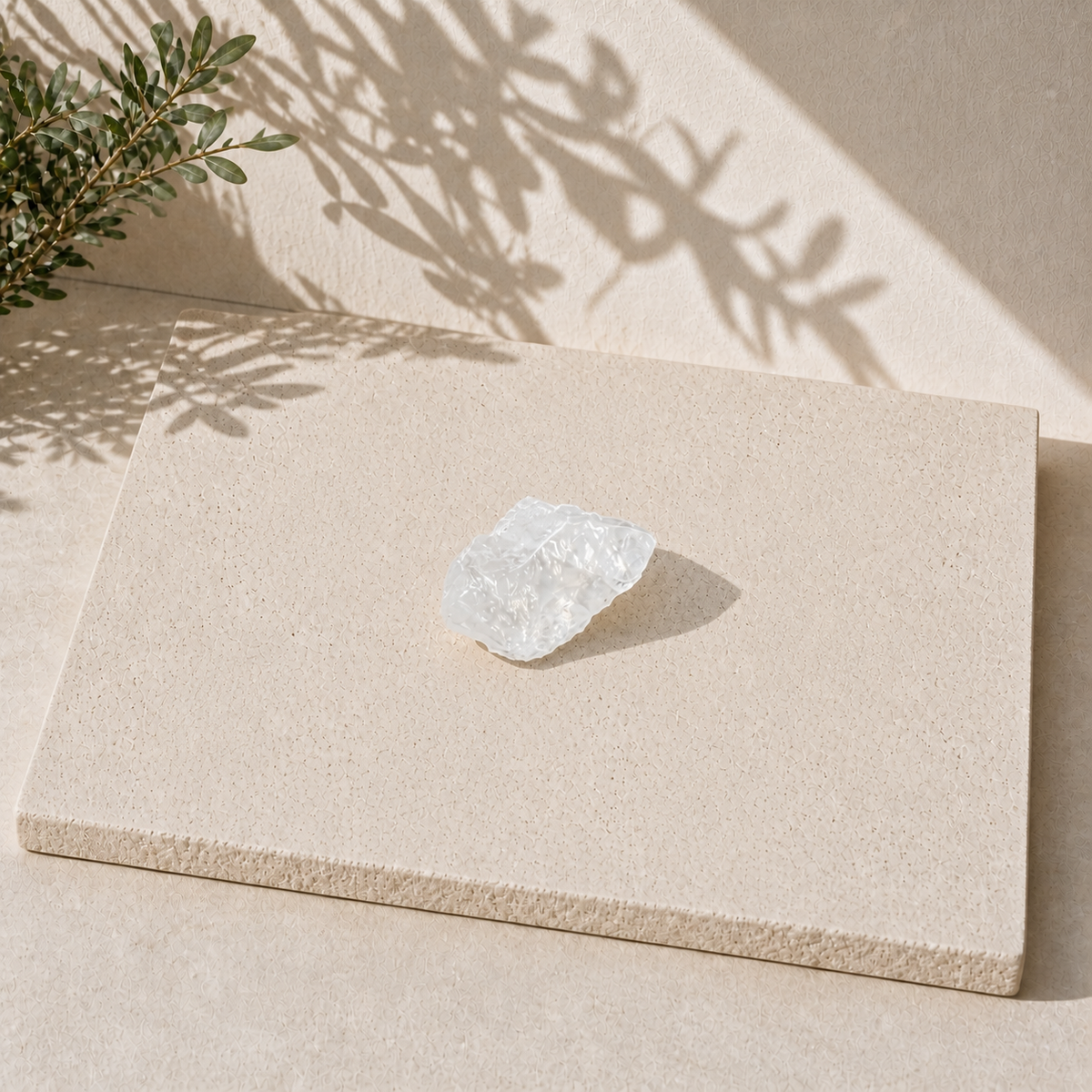 Single raw Clear Quartz crystal displayed on a pale limestone slab