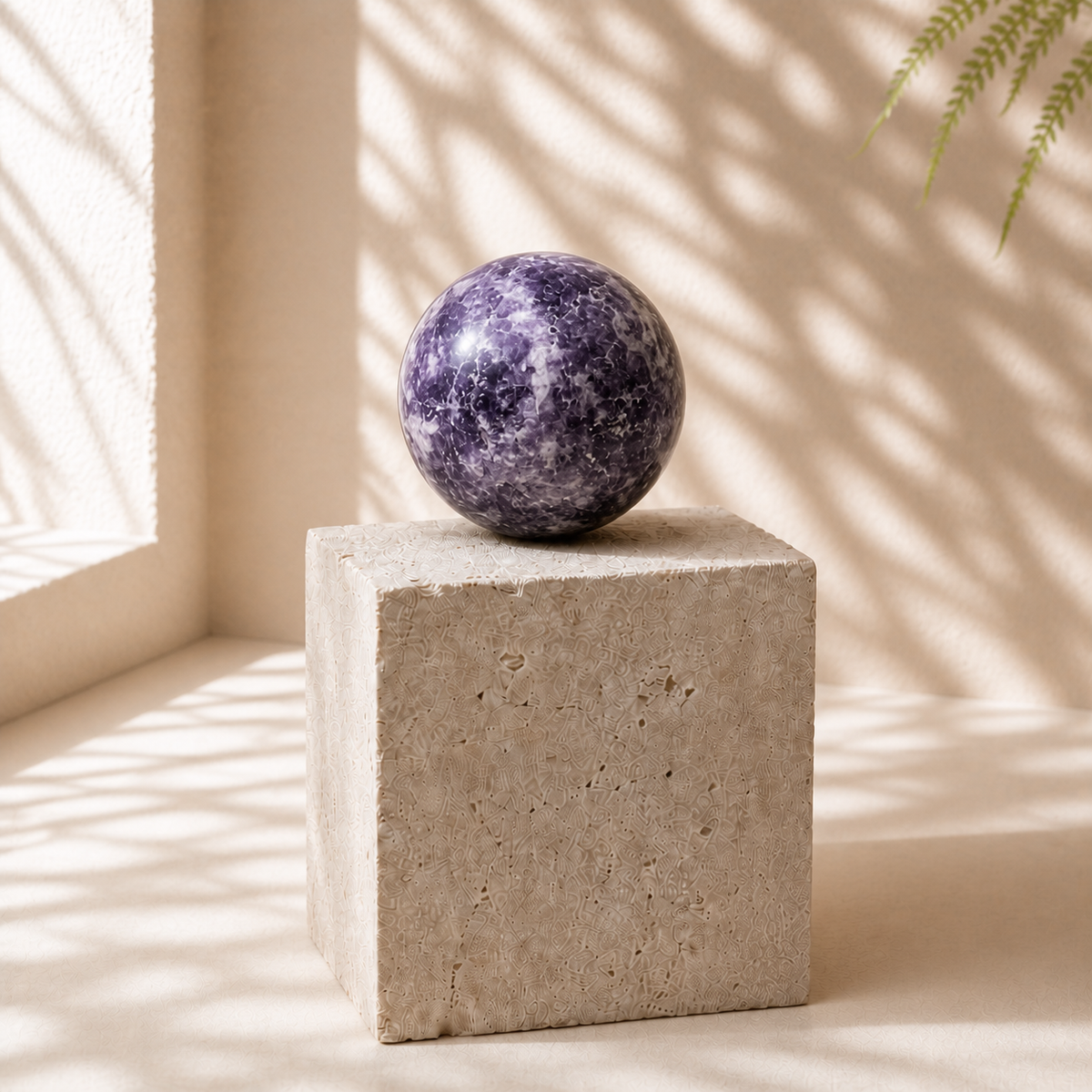 Polished Lepidolite crystal sphere LV, 188 g, displayed on a limestone block
