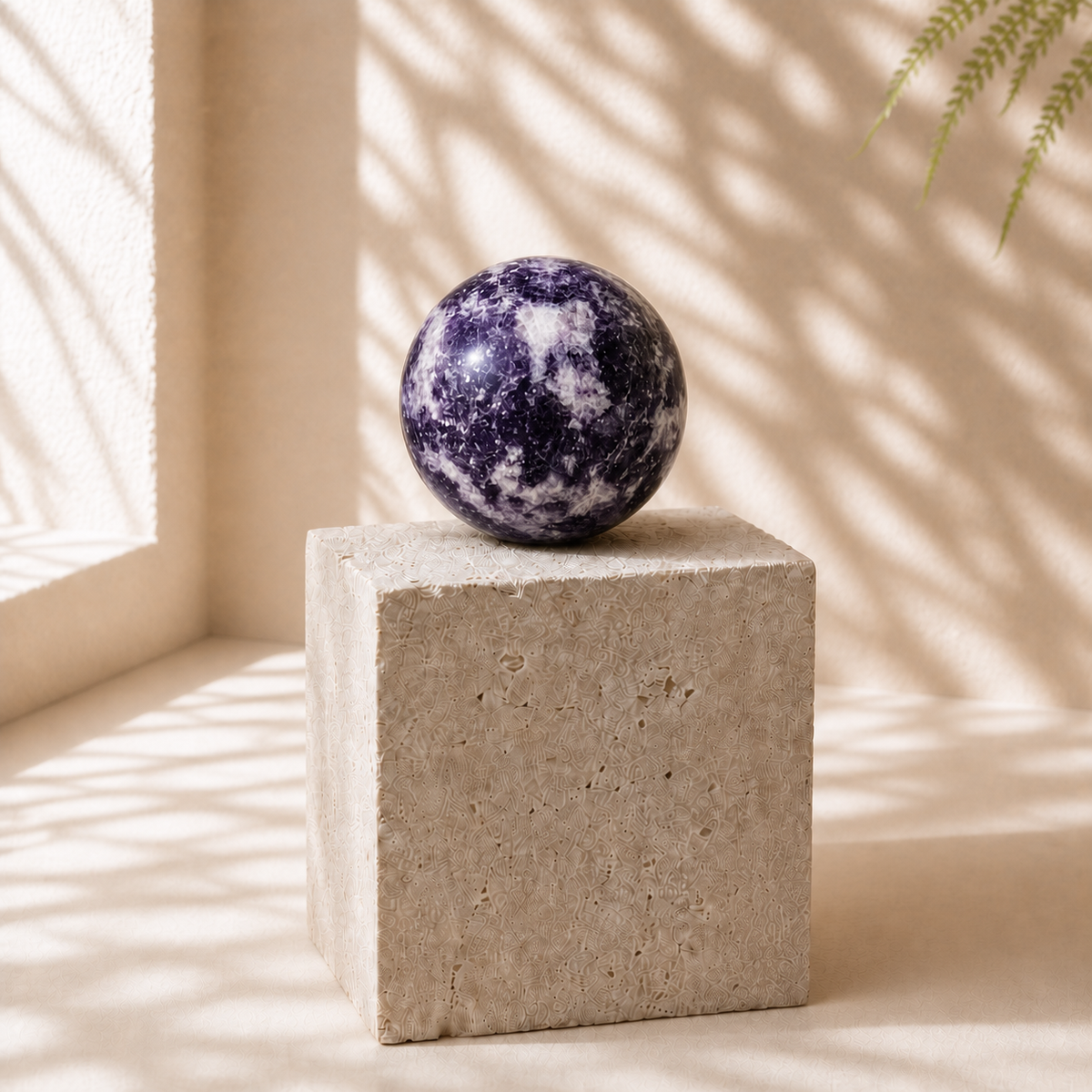 Polished Lepidolite crystal sphere LW, 200 g, displayed on a limestone block