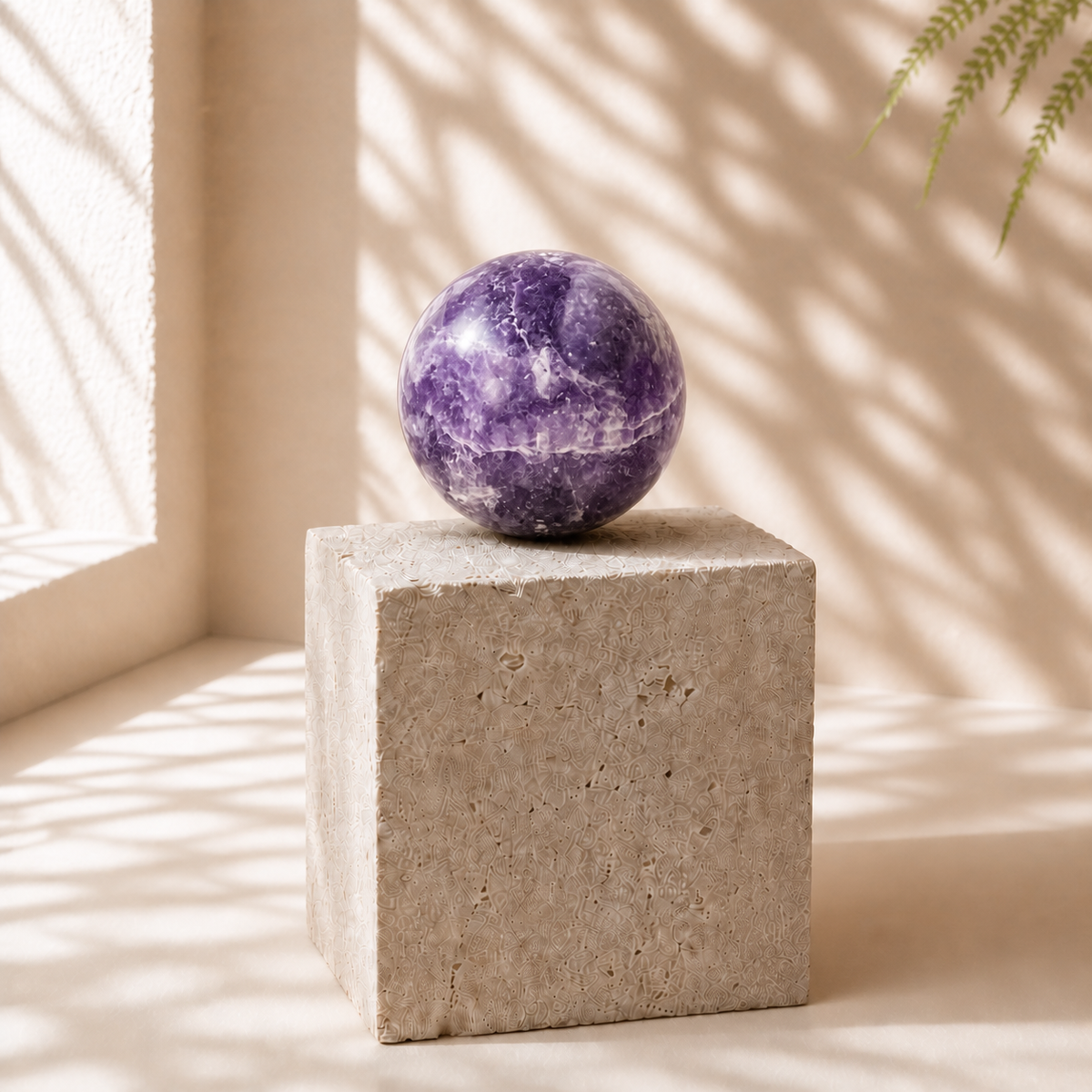 Polished Lepidolite crystal sphere LY, 214 g, displayed on a limestone block