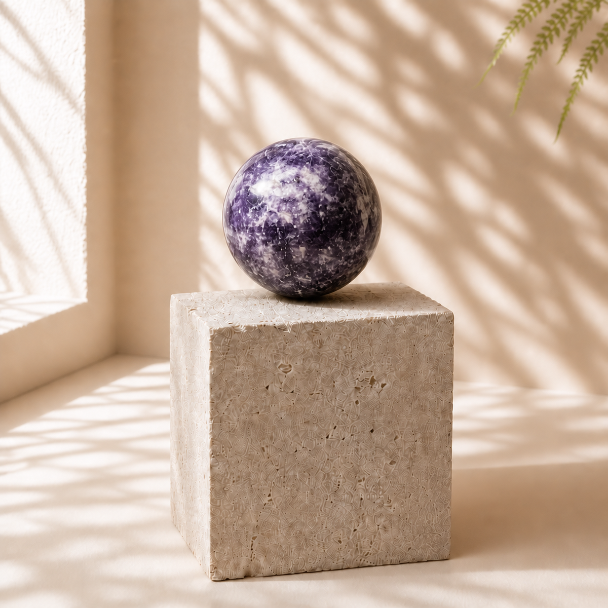 Polished Lepidolite crystal sphere LZ, 202 g, displayed on a limestone block