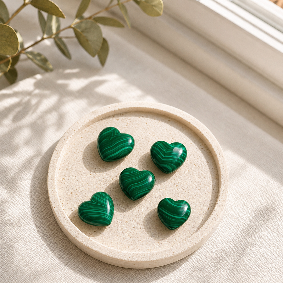 Five polished Malachite heart carvings displayed on a round stone plate