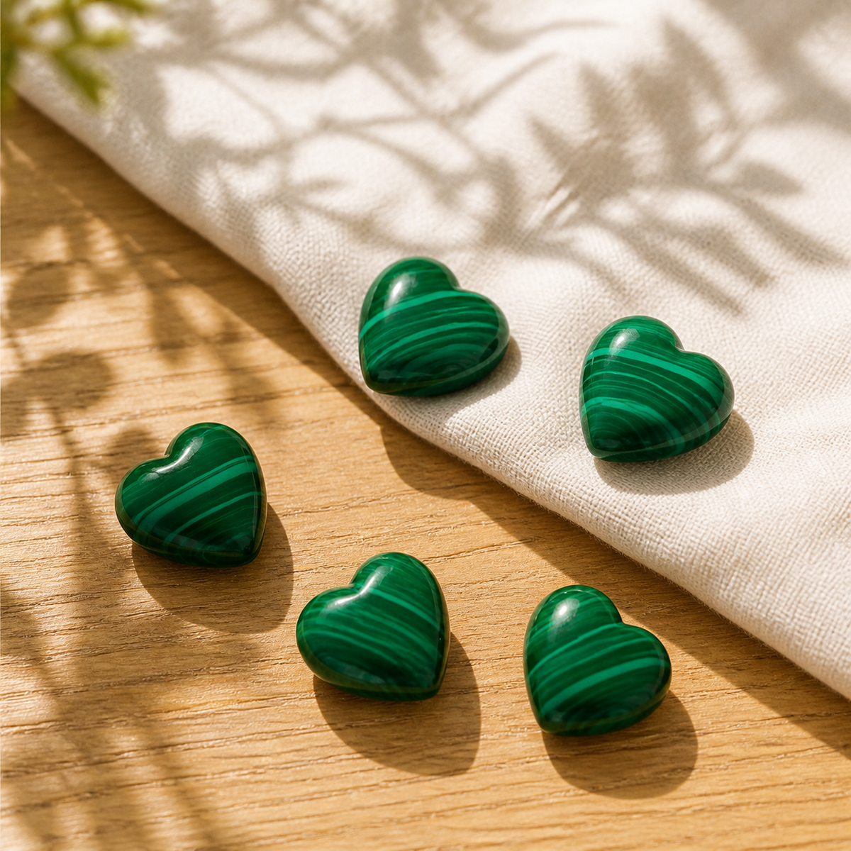 Small polished Malachite heart carvings on natural wood and ivory linen