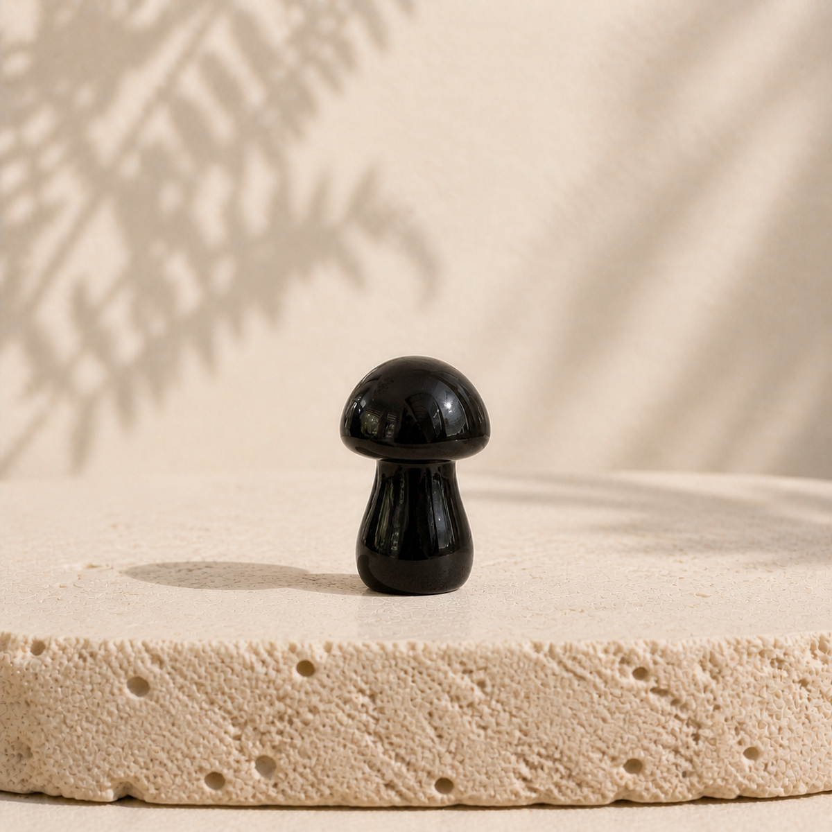 Polished black Obsidian crystal mushroom carving
