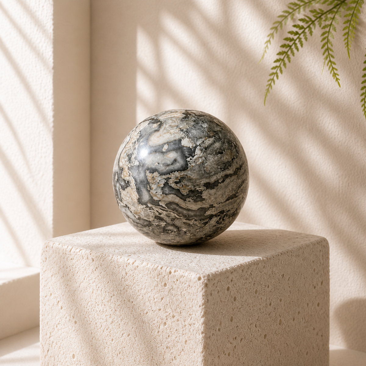 Picasso Jasper sphere PA with bold charcoal, grey and cream swirling mineral markings