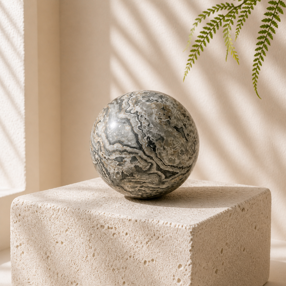 Picasso Jasper sphere PB with layered grey, cream and black lace-like mineral markings