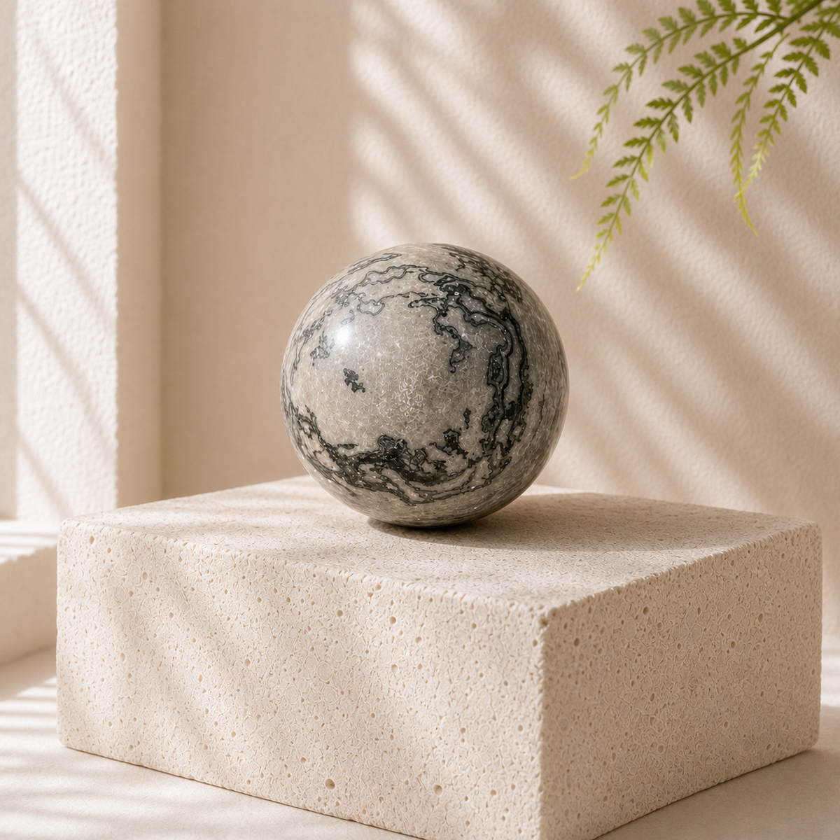 Picasso Jasper sphere PD with a pale cream field and dark landscape-like mineral veining