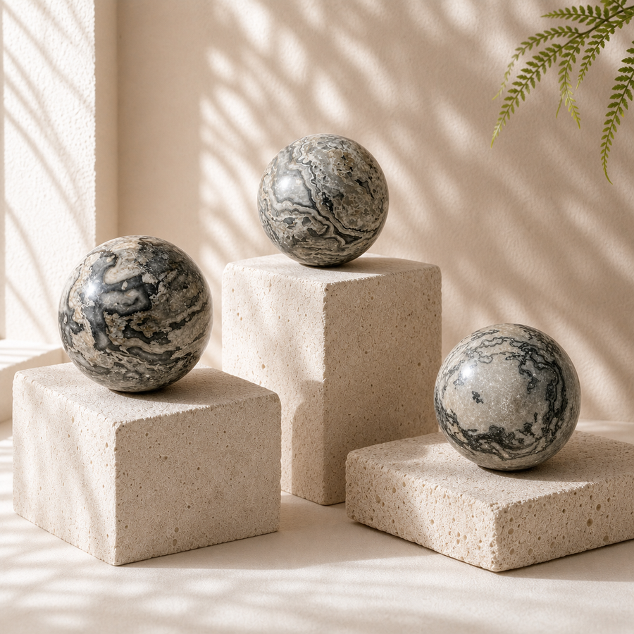 Three polished Picasso Jasper spheres PA, PB and PD displayed on limestone blocks in natural light