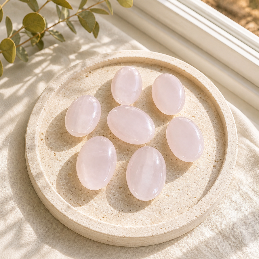 Seven polished Pink Calcite palm stones in soft blush pink and white tones