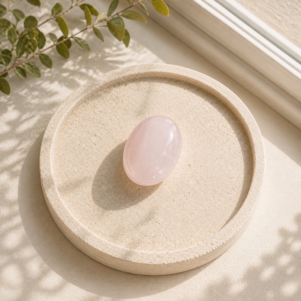 Single polished Pink Calcite palm stone in soft blush pink and white