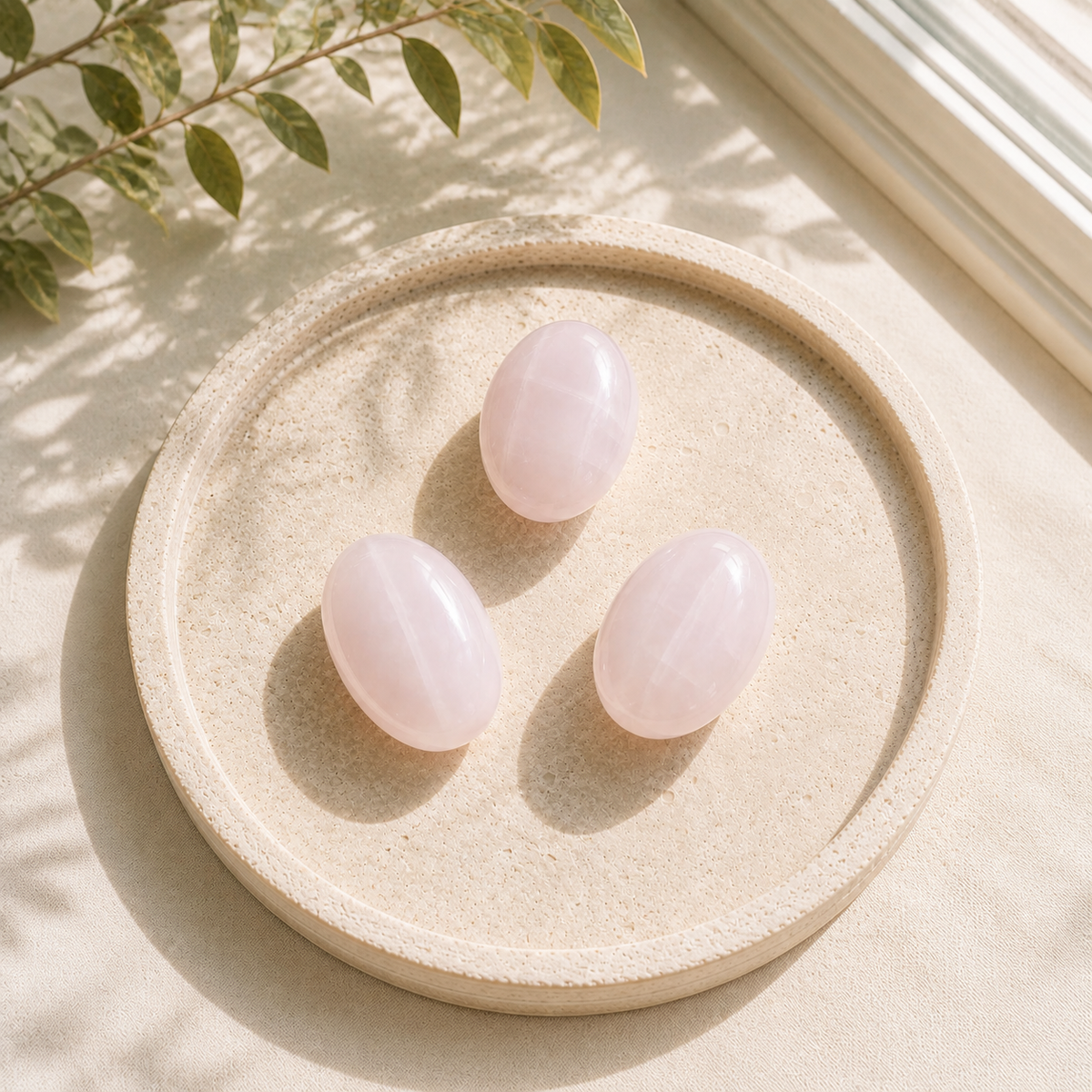 Three polished Pink Calcite palm stones showing natural colour and banding variations