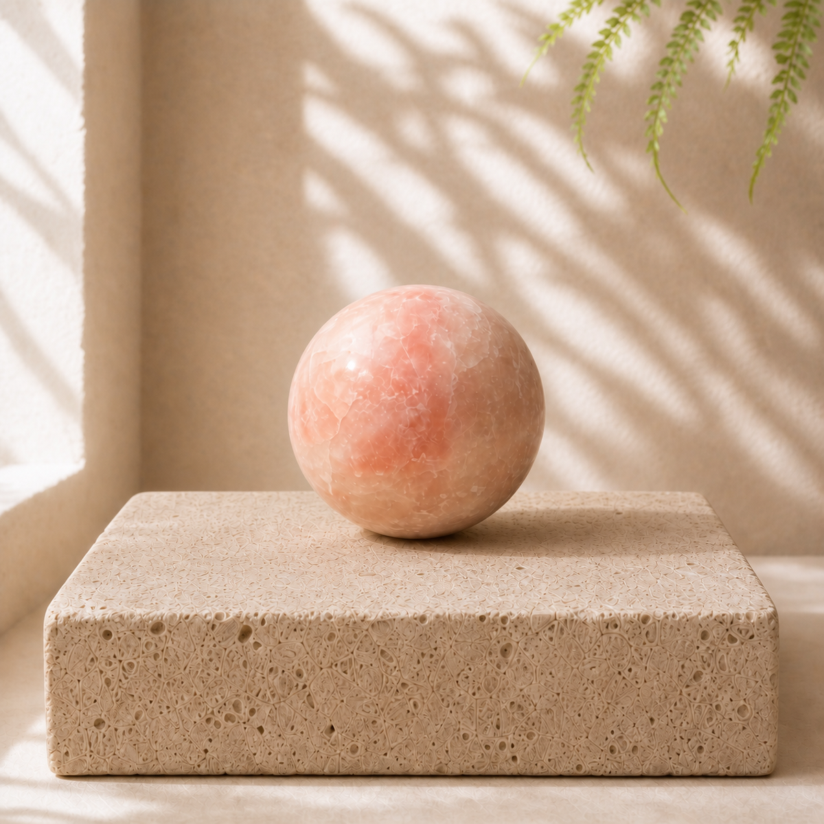 Pink Opal sphere PU with rosy pink and cream crystalline markings on a thick limestone slab