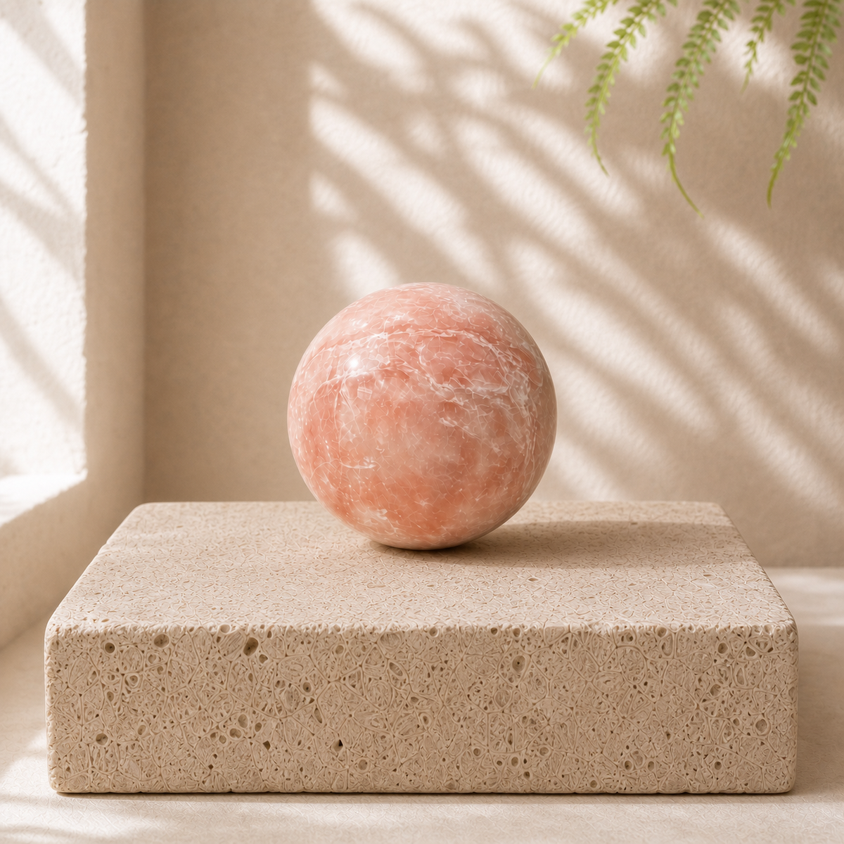 Pink Opal sphere PV with warm pink colour and fine white crystalline veining on a thick limestone slab
