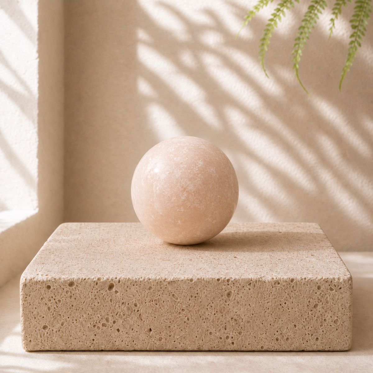 Pink Opal sphere PW with pale blush colour and delicate white mottling on a thick limestone slab