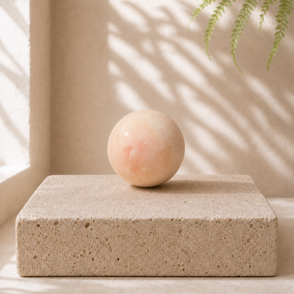 Pink Opal sphere PY with a creamy blush base and soft peach-pink cloud on a thick limestone slab