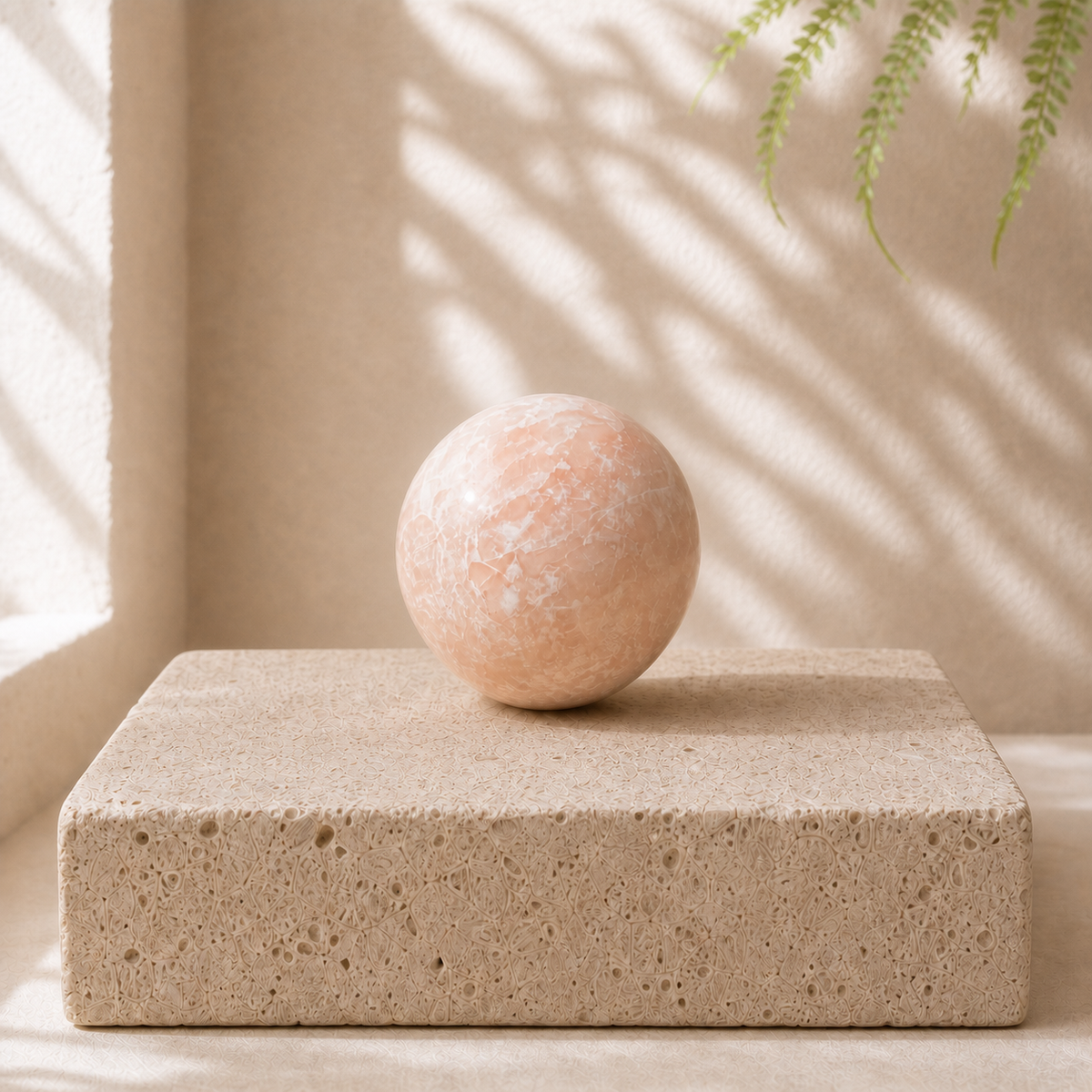Pink Opal sphere PZ with pale peach colour and dense white crystalline mottling on a thick limestone slab