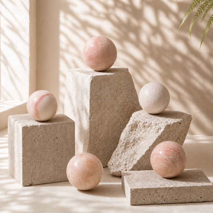 Five available Pink Opal spheres displayed on sculptural limestone blocks in natural light