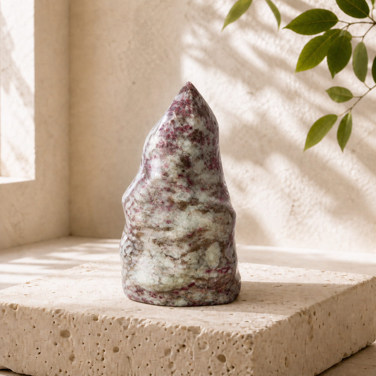 Back view of a Pink Tourmaline in Quartz flame carving on a cream travertine block