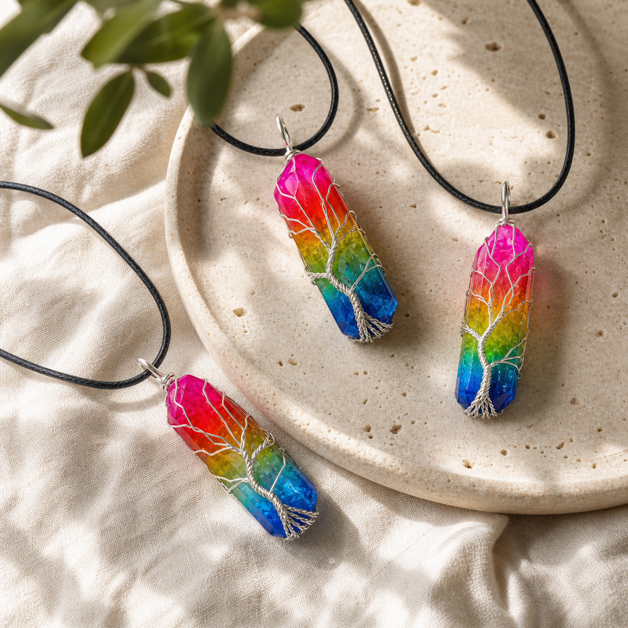 Rainbow Quartz Tree of Life pendant necklaces arranged on a stone plate
