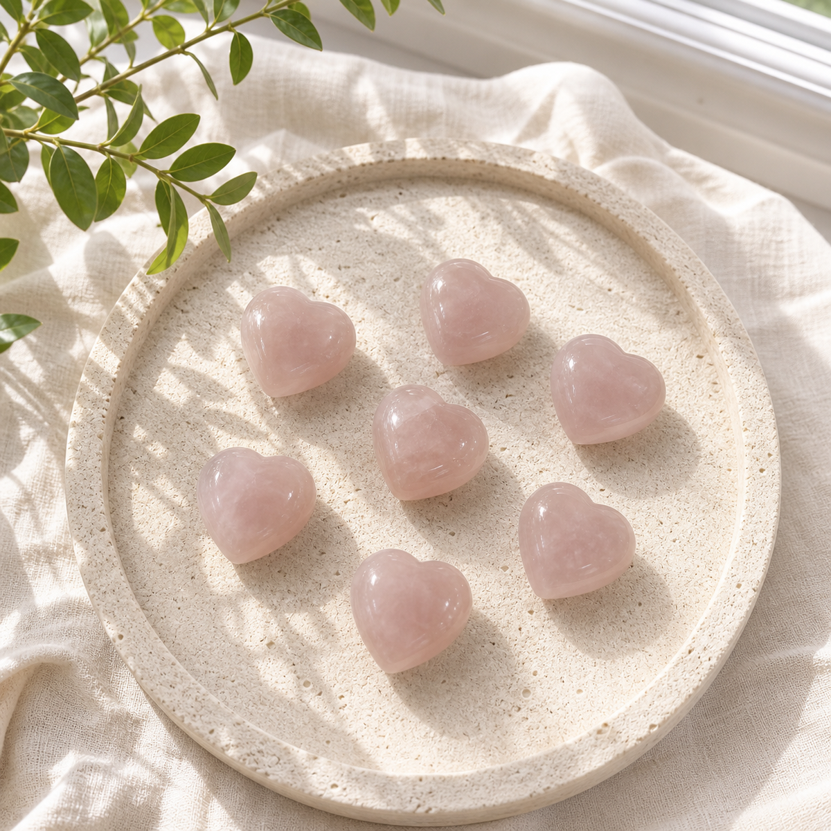 Small polished Rose Quartz heart carvings arranged on a pale stone tray