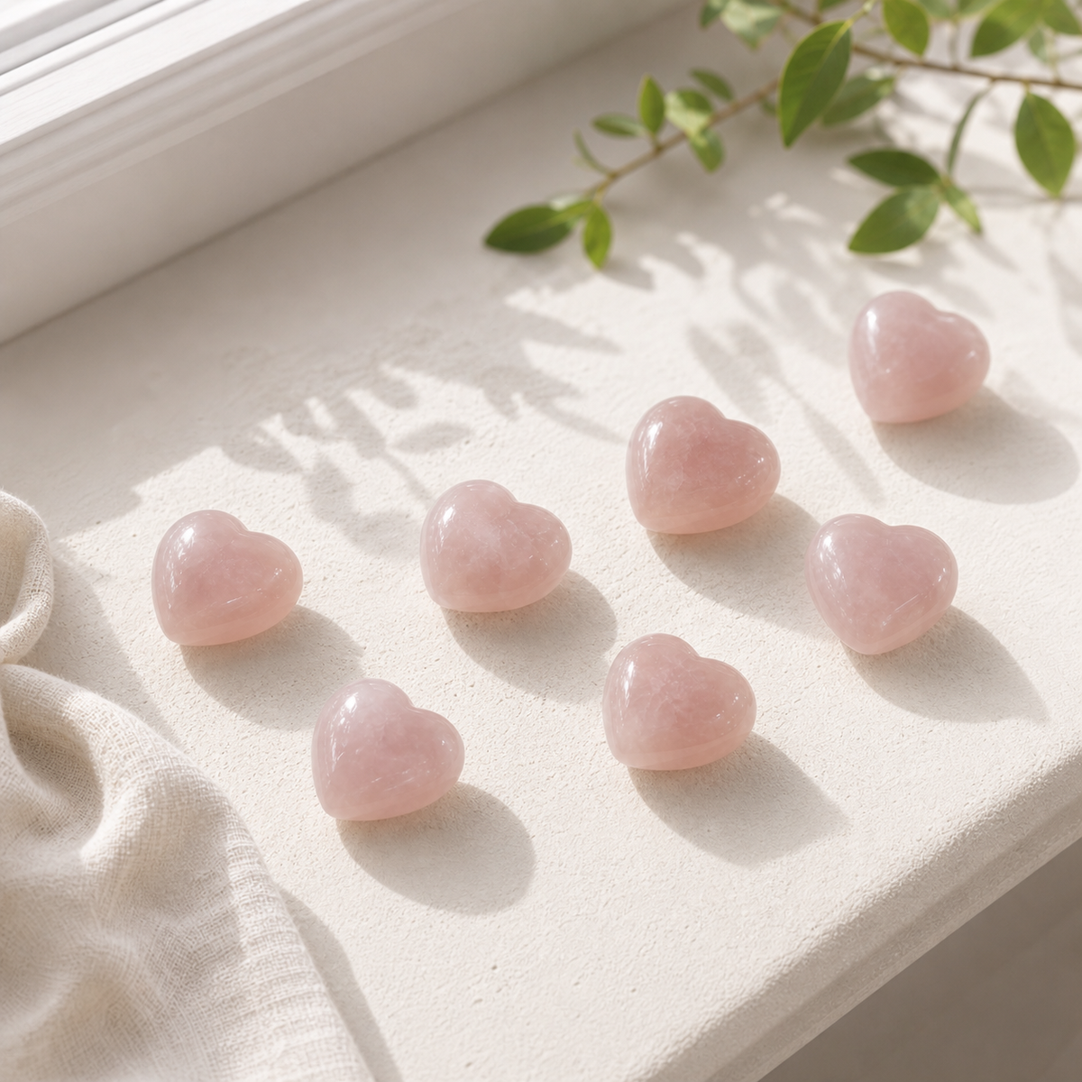 Small Rose Quartz heart carvings displayed in natural window light