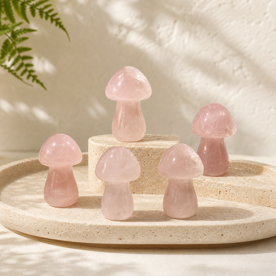 Five polished Rose Quartz mushroom carvings displayed on warm ivory stone