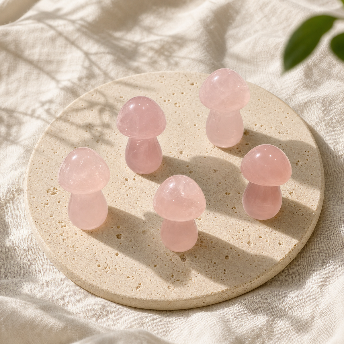 Rose Quartz mushroom carvings arranged on a round travertine plate in natural light