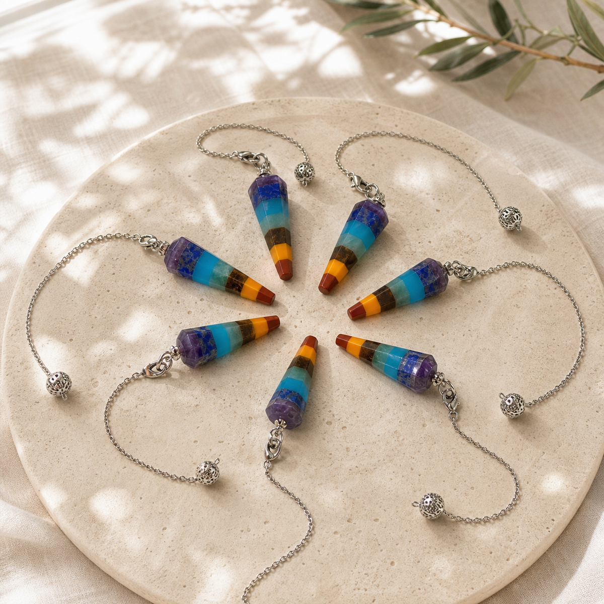 Seven chakra crystal pendulums arranged on a cream stone tray