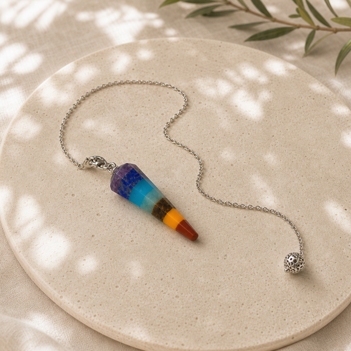 Seven chakra crystal pendulum with silver chain on a cream stone tray