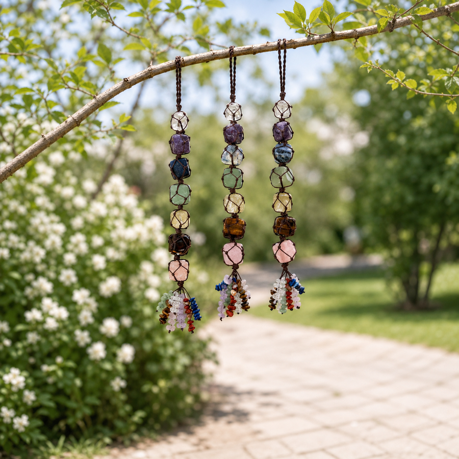 Three Seven Chakra Talismans hanging outdoors in a garden