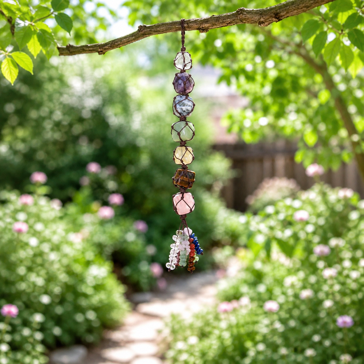 Seven Chakra Talisman hanging in a flowering garden