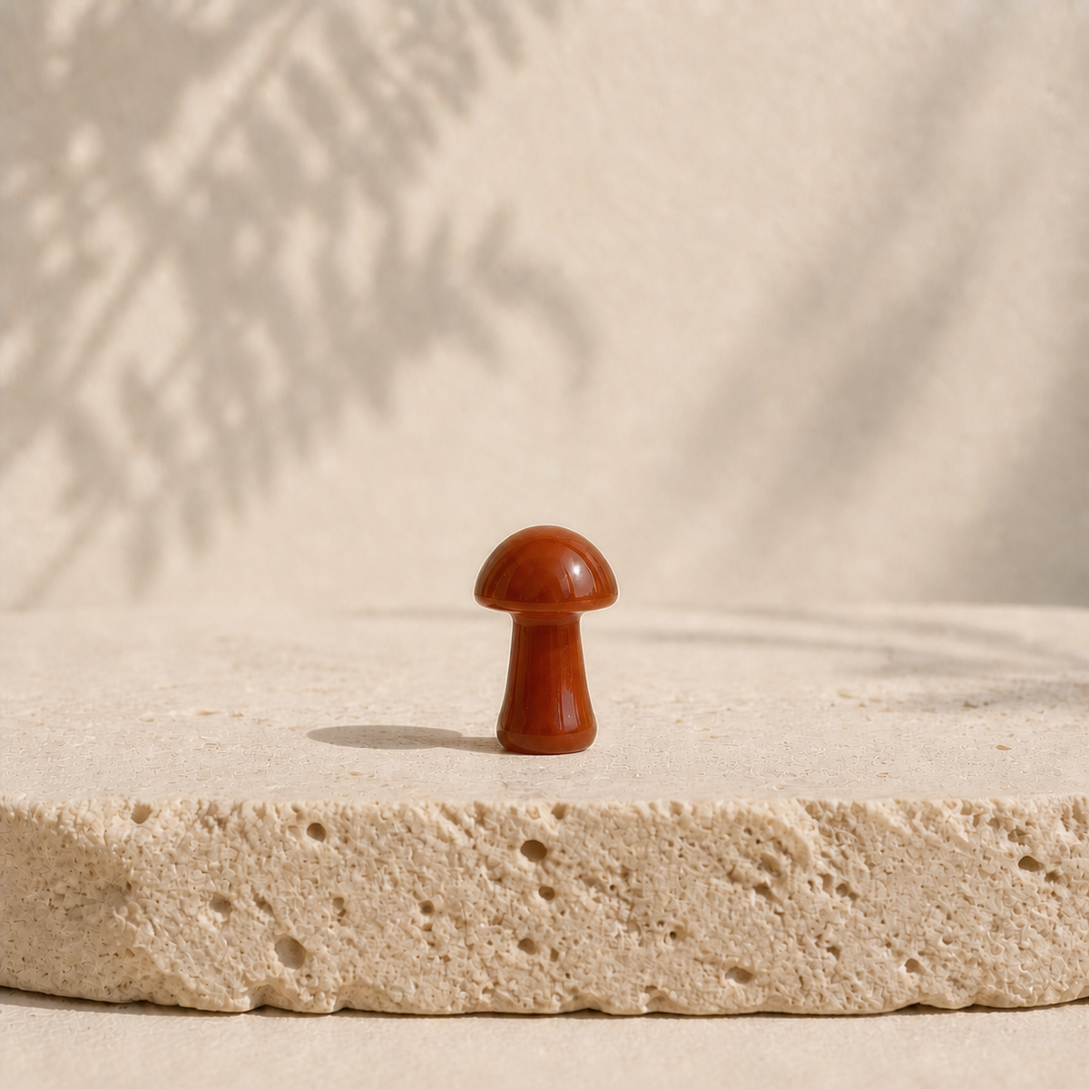 Small polished Carnelian mushroom carving on a warm ivory stone platform