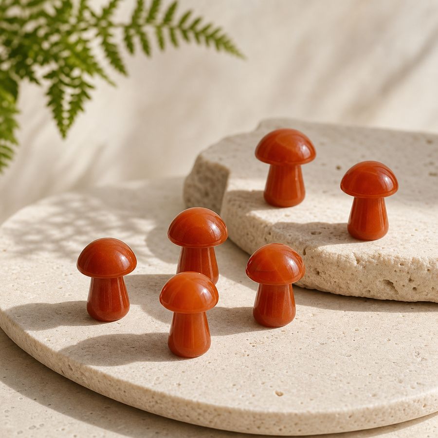 Six small polished Carnelian mushroom carvings displayed on warm ivory stone