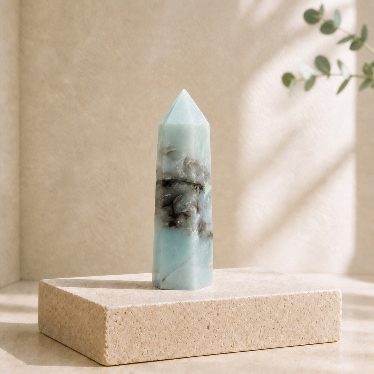 Smoky Amazonite tower TA on a cream limestone slab