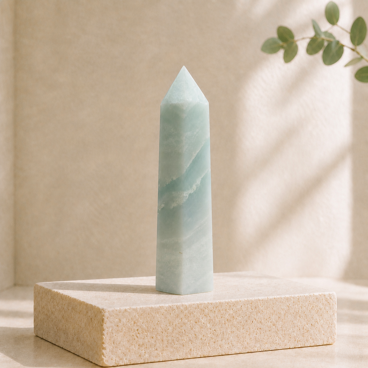 Smoky Amazonite tower TC on a cream limestone slab